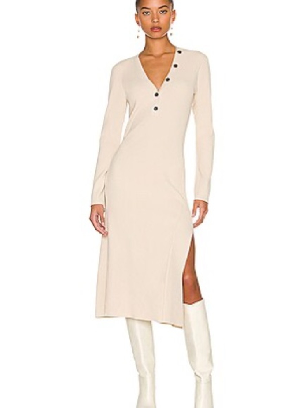 Frame Denim Beige Long Sleeve V-Neck Midi Dress with Side Slit